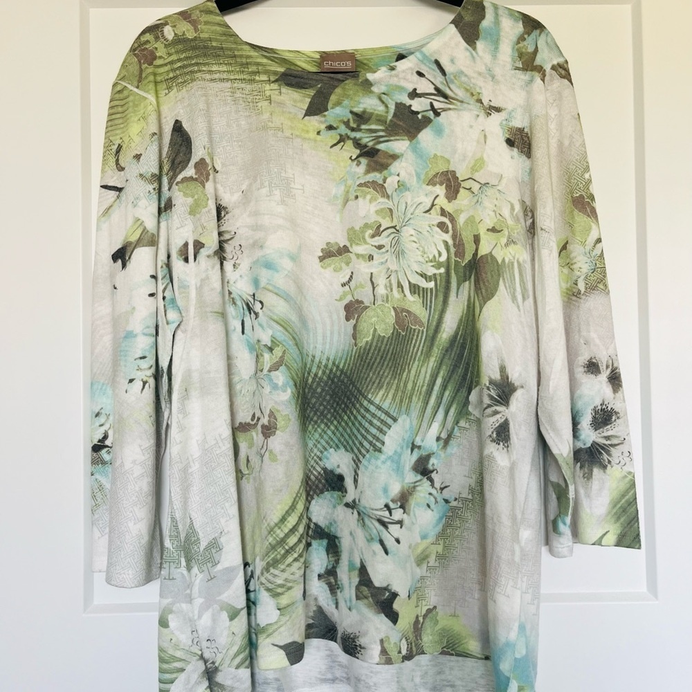 EUC‎ Chico's Green, White & Turquoise Graphic 3/4 Sleeve Fine Gauge Sweater, XL - Picture 6 of 14